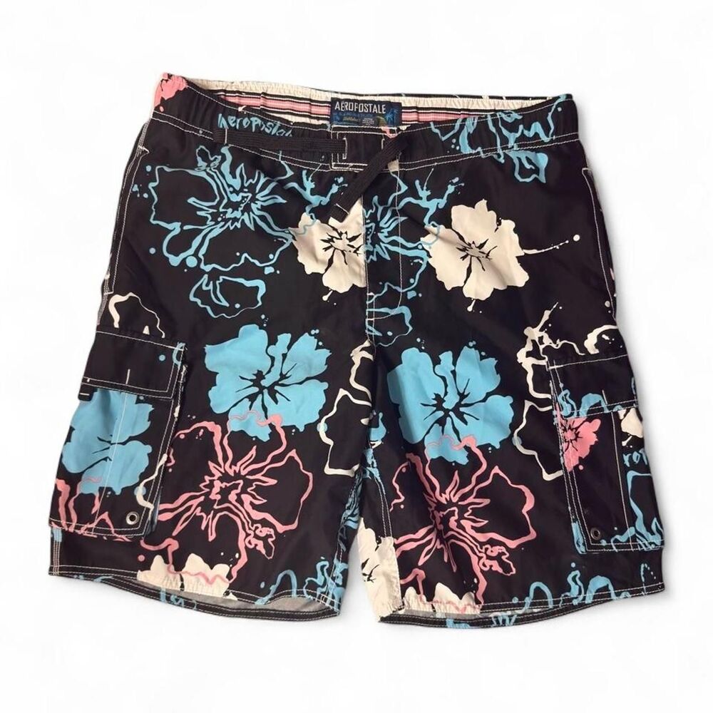 (2004-2008) Aeropostale Hawaiian Cargo Swim Trunks - Black Floral - M